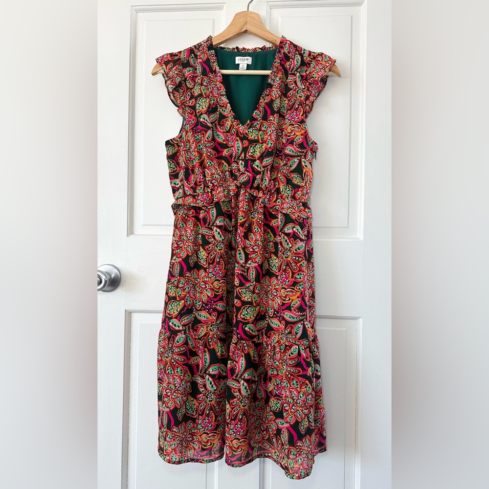 J. CREW Ruffle V-Neck Mini Dress Tropical Floral Print Size 2 - Picture 4 of 14